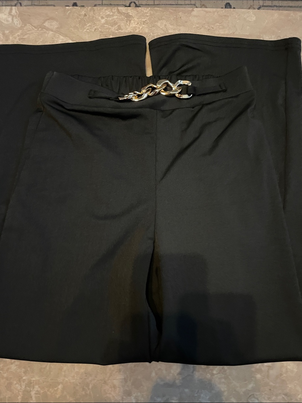 Women's Black Wide-Leg Pants with Decorative Chain Waist
